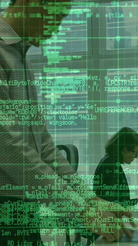 Vertical video: Tall man entering table at laptop pointing docs leading tech Stock Footage 329962017