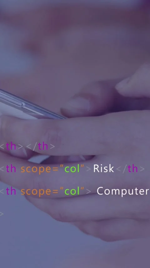 Vertical video: Tap causing hands holding phone scrolling code overlays Stock Footage 328633198