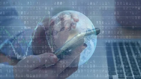 Vertical video: Tapping cuffed hands swiping phone over laptop keyboard, globe Stock Footage 331593299