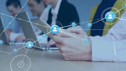 Vertical video: Tapping hands seeing icon growing blue net at table to link Stock Footage 334115668
