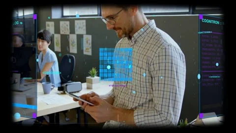 Vertical video: Tapping phone, man in plaid shirt and glasses checking data on Stock Footage 333413749