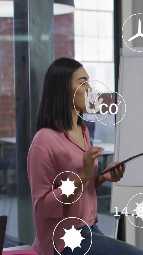 Vertical video: Tapping tablet office woman in pink blouse demoing by flipchart Stock Footage 334604419