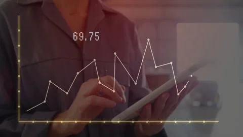 Vertical video: Tapping tech in gray coat with white tablet, chart appearing, Stock Footage 331160796