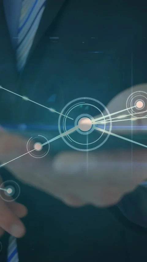 Vertical video: Tapping UI node, man's hands activating network on phone in Stock Footage 331198927
