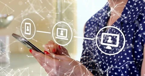 Vertical video: Tapping woman scrolling phone at counter in polka top with Stock Footage 331593348