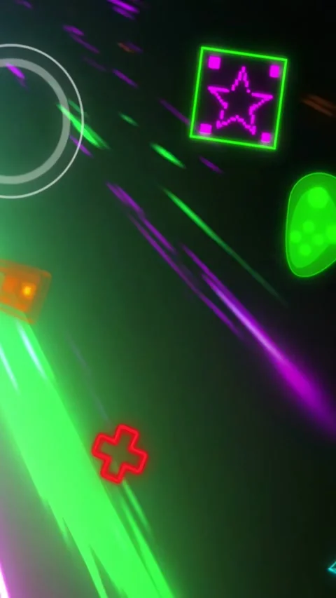Vertical video: Target pulse starting neon icons racing diagonal across black Stock Footage 333303769