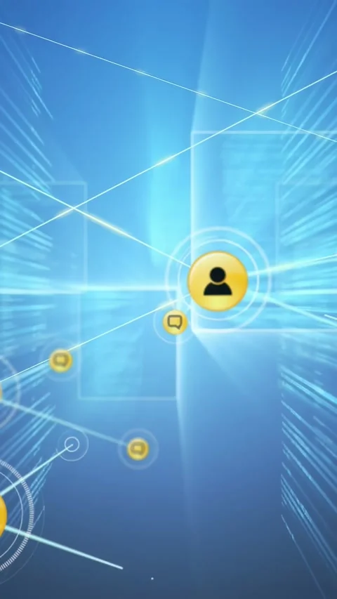 Vertical video: Target rings appearing, yellow node sending links, chats, Stock Footage 331181900