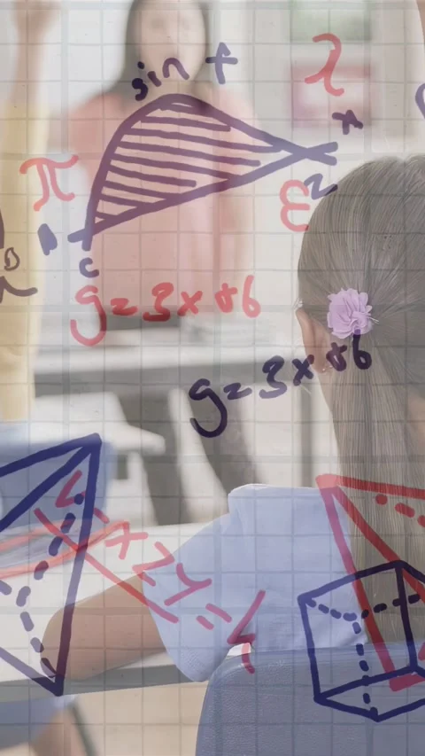 Vertical video: Teacher addressing class, girl turning and smiling, math doodles Stock Footage 334378688