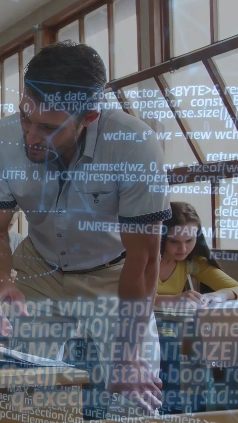 Vertical video: Teacher approaching desk, checking book in classroom while code Stock Footage 333577736