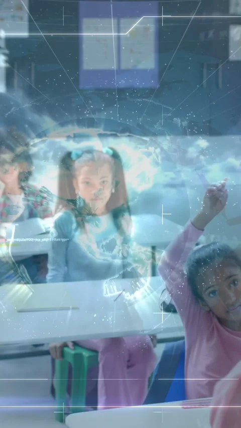 Vertical video: Teacher asking, camera pulling as girl raising hand while AR map Stock Footage 333157845