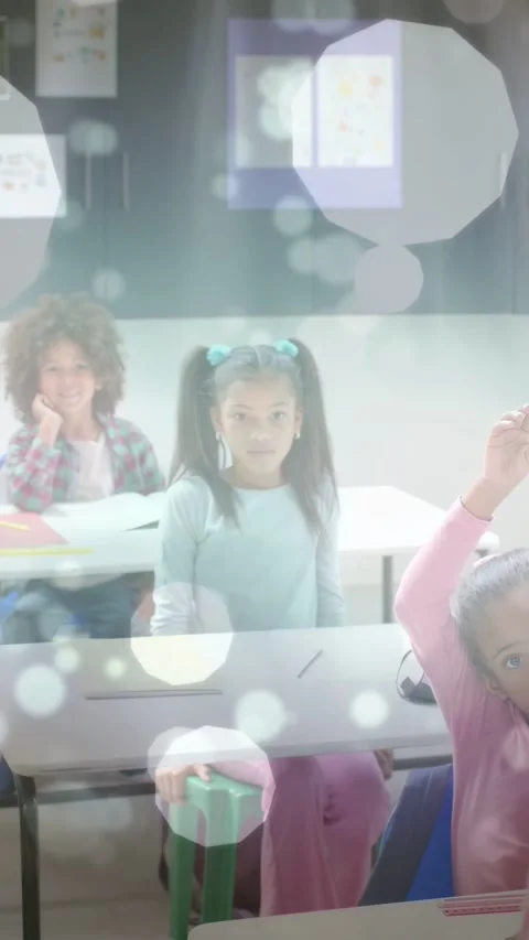 Vertical video: Teacher asking, pupils raising hands to answer while bokeh Stock Footage 333896270