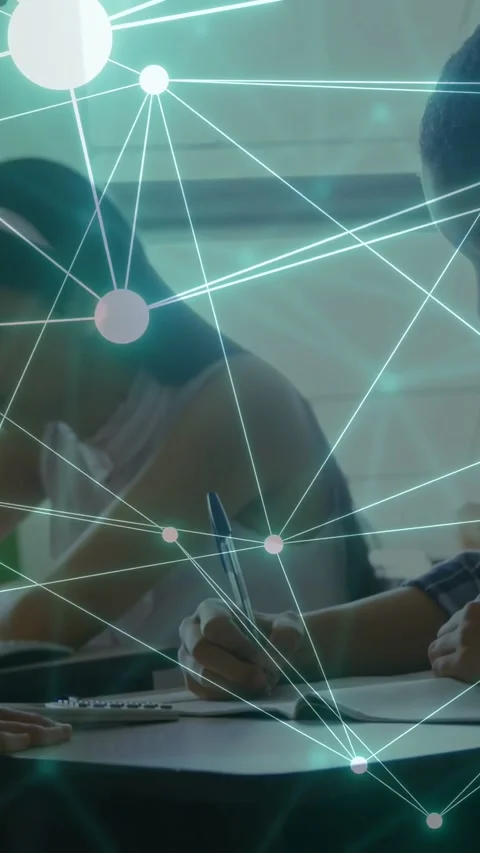 Vertical video: Teacher cue starting girl writing in school, network nodes Stock Footage 333745322