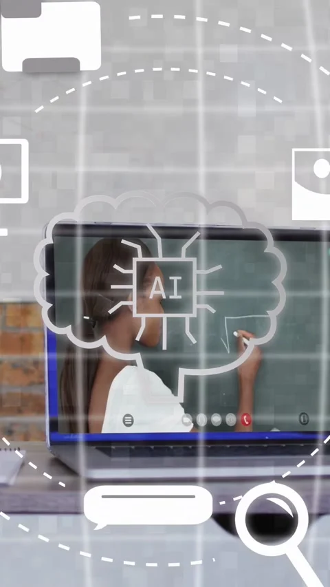 Vertical video: Teacher drawing AI cloud on board causing icons orbiting screen Stock Footage 333236328
