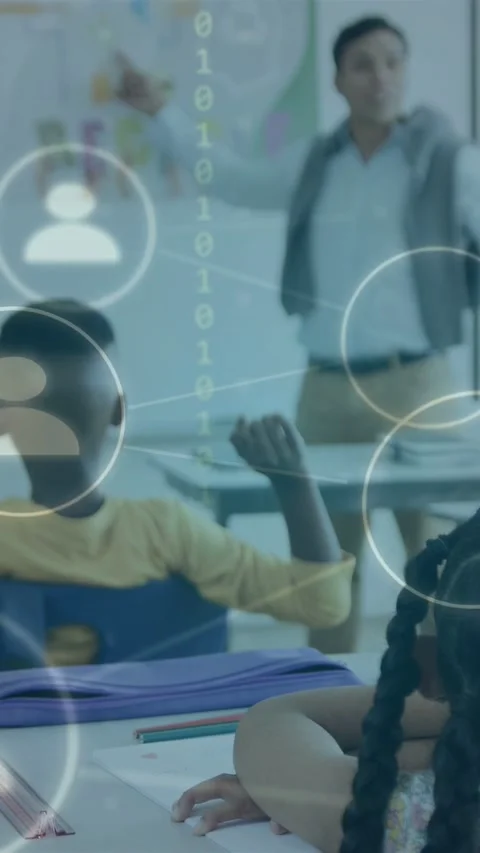 Vertical video: Teacher gesturing, boy raising hand to answer, classroom Stock Footage 334705005