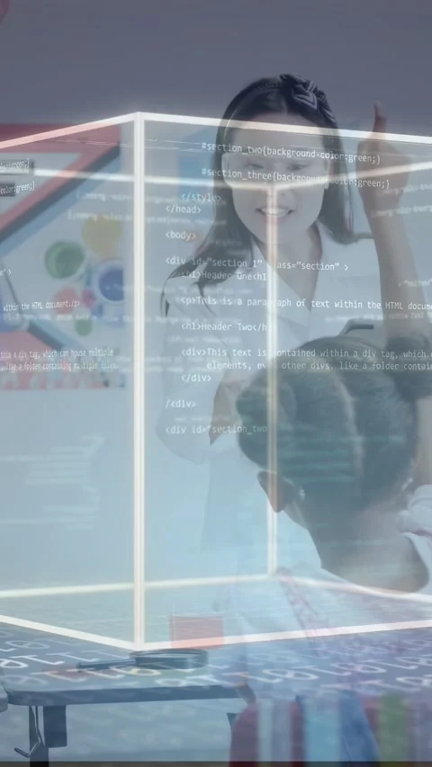 Vertical video: Teacher guiding classroom after student raising hand, projecting Video stock 334770513