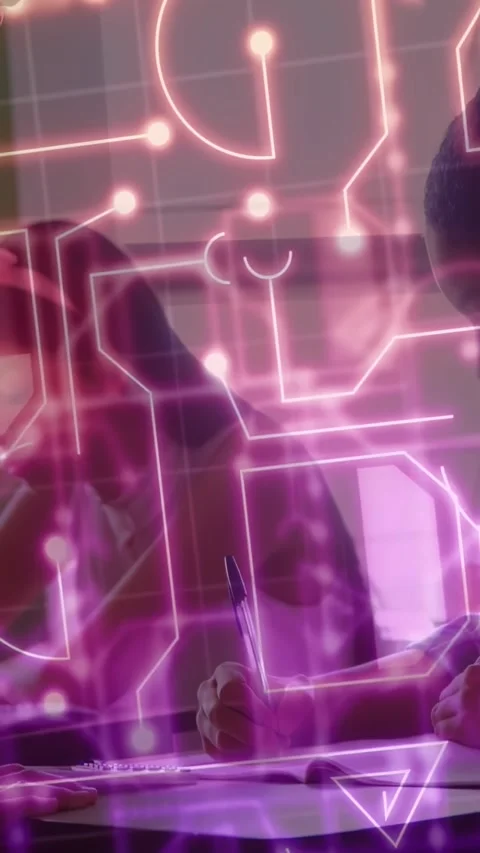 Vertical video: Teacher leaning, gesturing, guiding teen writing and using Stock Footage 331238501