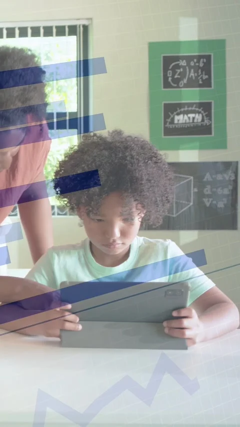 Vertical video: Teacher pointing guiding student using tablet, blue chart Stock Footage 333541934