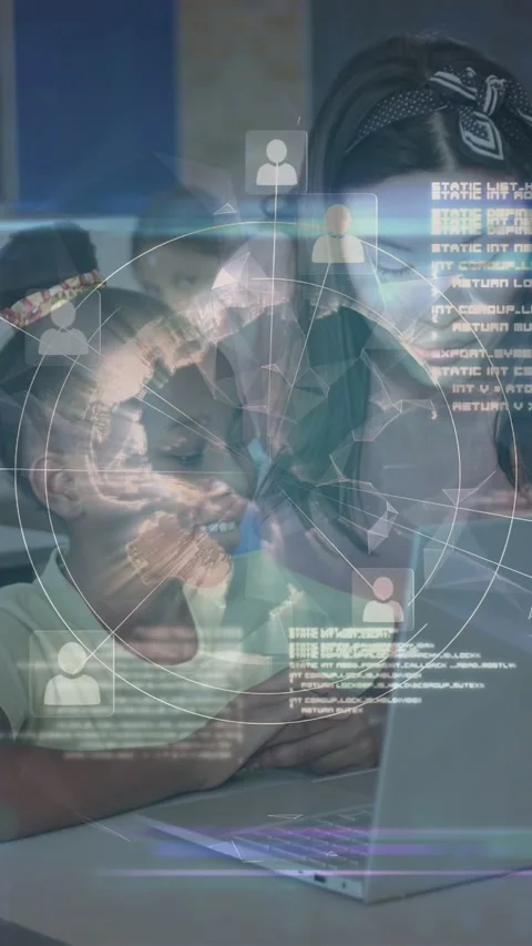 Vertical video: Teacher pointing, guiding child typing at laptop for learning, Stock Footage 334792439