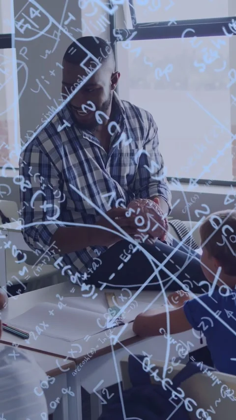 Vertical video: Teacher showing brain model, pupils leaning writing while math Stock Footage 334423500