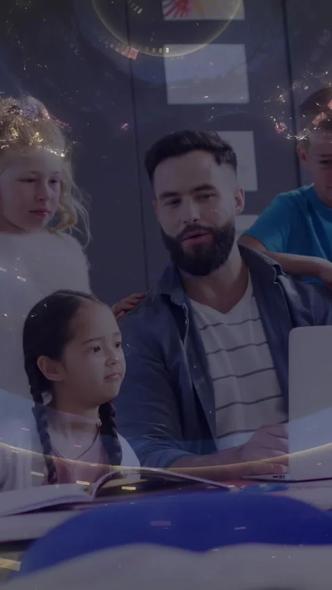 Vertical video: Teacher tapping laptop, guiding students in class, globe overlay Stock Footage 330655456
