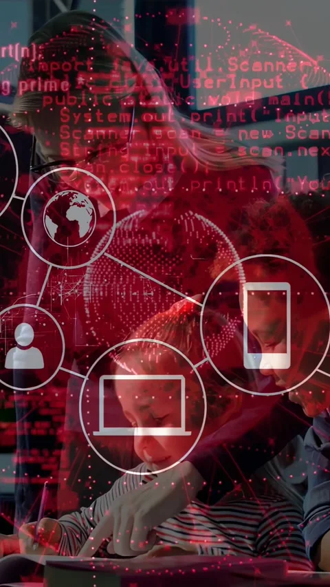 Vertical video: Teacher teaching two kids at notebook pointing sparking red net 스톡 동영상 331215569