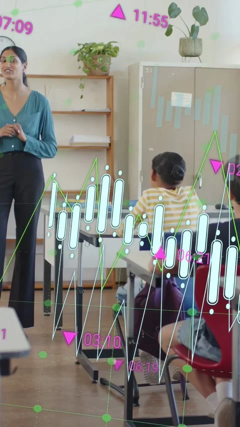 Vertical video: Teacher teaching while camera panning, finance charts and Stock Footage 334704816