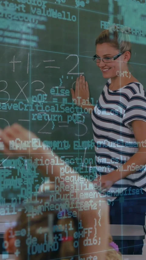 Vertical video: Teacher writing math on board and asking, class raising hands Video stock 334770512