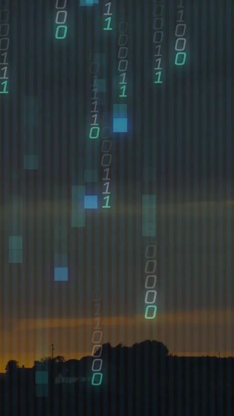 Vertical video: Teal blue binary rain starting at top, cascading over dusk Stock Footage 329552684
