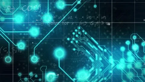 Vertical video: Teal circuit network pulsing on grid, zoom sparking node waves, Stock Footage 331270031