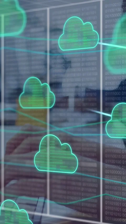 Vertical video: Teal cloud appearing, grid linking data lines over panel while Stock Footage 335355485