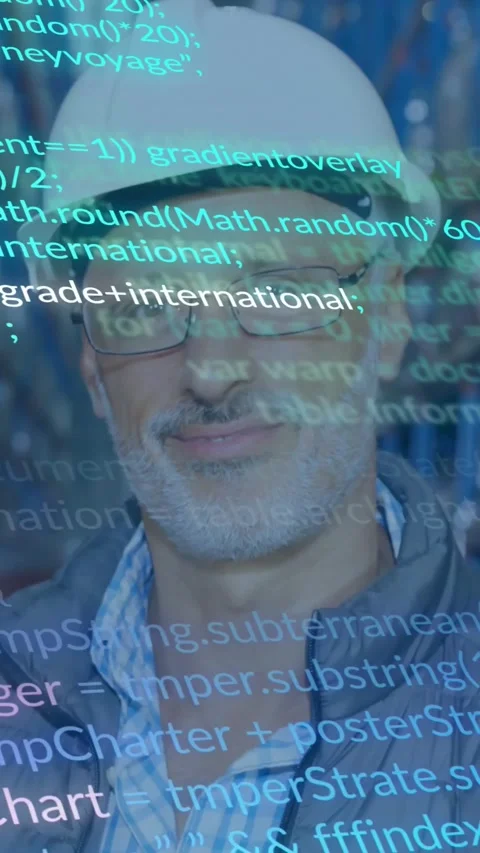 Vertical video: Teal code appearing engineer lifting gaze smiling reading data Stock Footage 333953055