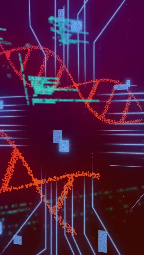 Vertical video: Teal code scrolling, initiating red helix forming and copying, Stock Footage 332823734
