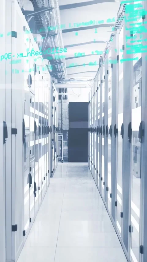 Vertical video: Teal code stream fading top or bottom, sweeping aisle and hiding Stock Footage 334540544