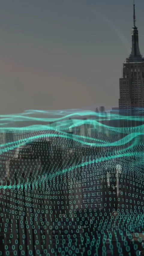 Vertical video: Teal data wave rippling over skyline camera pan sparking denser Stock Footage 330919561
