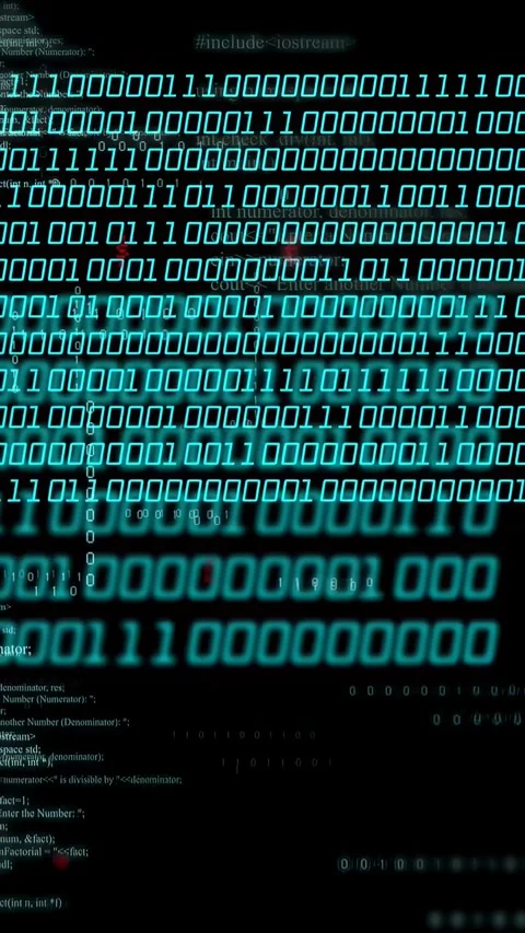 Vertical video: Teal digits sparking, forming sweeping binary bands, revealing Stock Footage 334378415