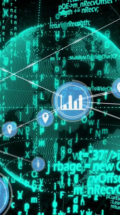 Vertical video: Teal dot globe rotating and causing node icons linking to HUD 스톡 동영상 331181899