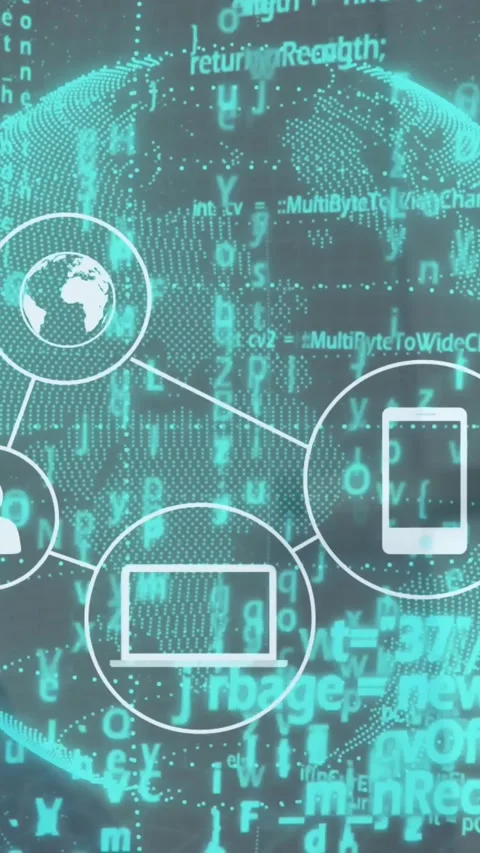 Vertical video: Teal globe rotating code driving network icons linking for tech Stock Footage 330395917