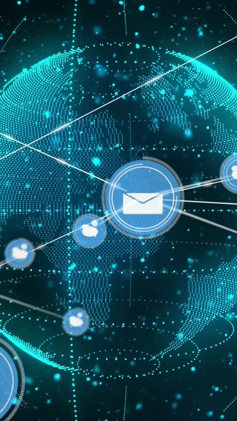 Vertical video: Teal globe rotating as central mail node appearing, linking Video stock 330964909