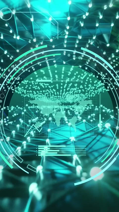 Vertical video: Teal HUD pulsing, rotating as node canopy lighting starting wave Stock Footage 334378148
