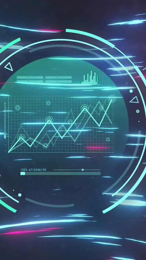 Vertical video: Teal HUD receiving data pulse, rings pulsing while graph growing Stock Footage 334378132