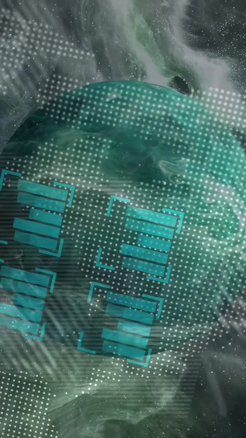 Vertical video: Teal marbled sphere appearing and rotating, HUD overlays Stock Footage 332747952