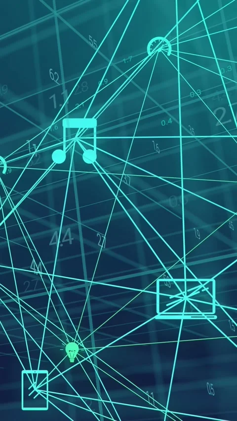 Vertical video: Teal network web shifting frames, centering camera and WiFi, Stock Footage 332775557