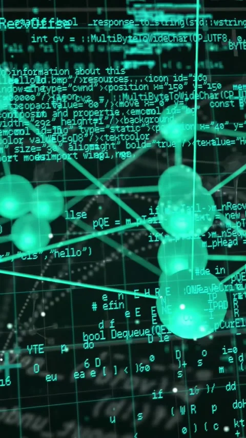 Vertical video: Teal node cluster pulsing while camera moving and revealing code Stock Footage 330655312