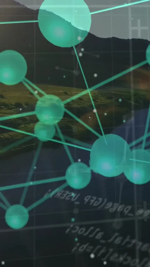 Vertical video: Teal node network shifting and revealing tech data on timeline Stock Footage 330286101