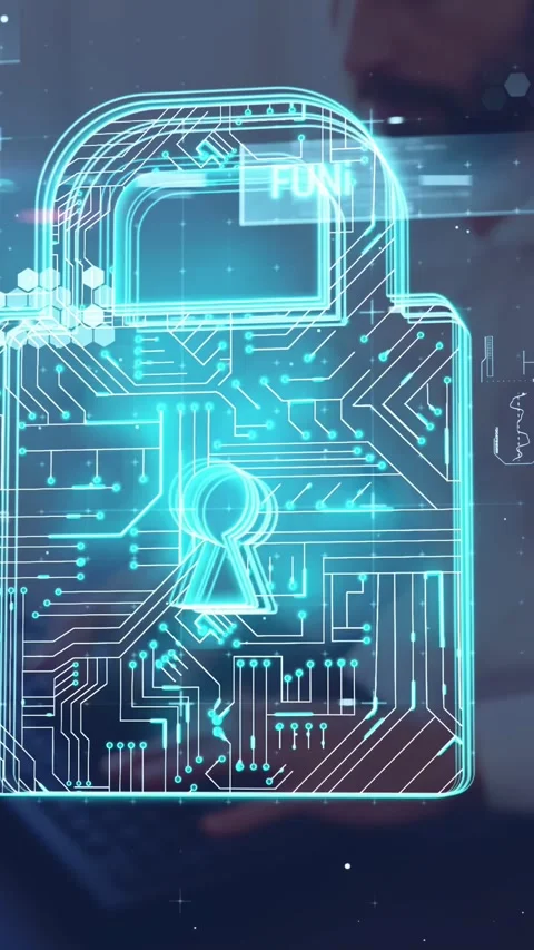 Vertical video: Teal padlock appearing over laptop, stacking with code while pro Stock Footage 335355403