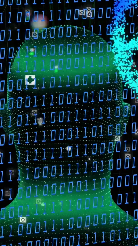 Vertical video: Teal stream entering right sparking green mesh head rotating Stock Footage 334378201