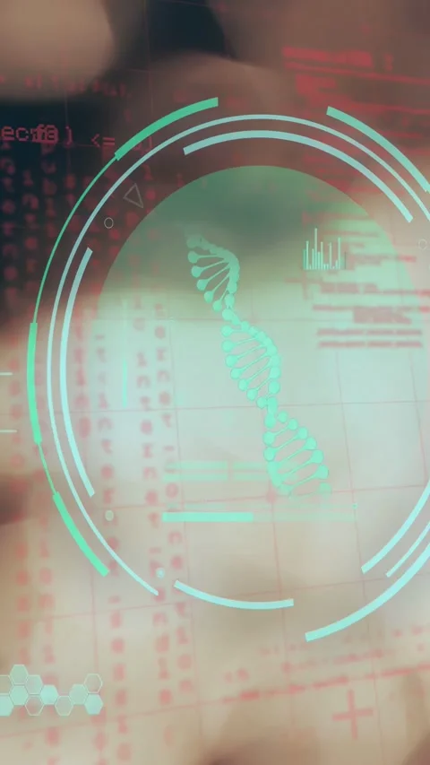 Vertical video: Teal tech HUD powering up initiating DNA scan rotating rings and Stock Footage 332957482