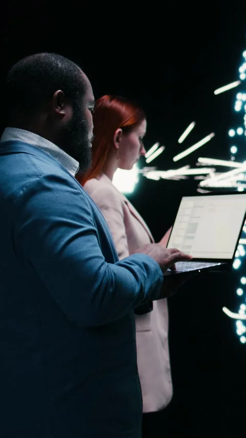 Vertical video Team of AI startup data scientists implement deep learning Stock Footage 330086704
