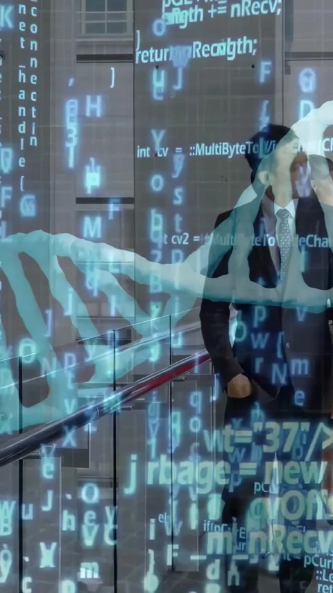 Vertical video: Team ascending glass stairs, DNA helix or code overlaying Stock Footage 334547372