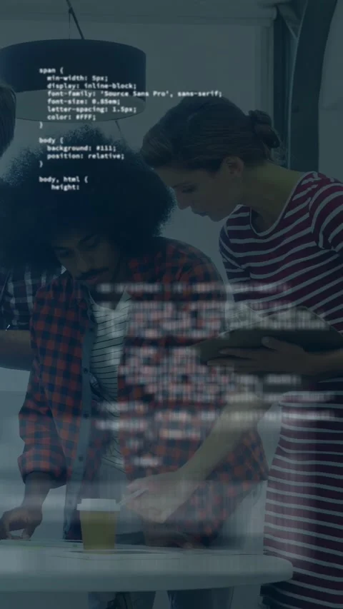 Vertical video: Team checking device on round table, code appearing on glass, 스톡 동영상 334771145